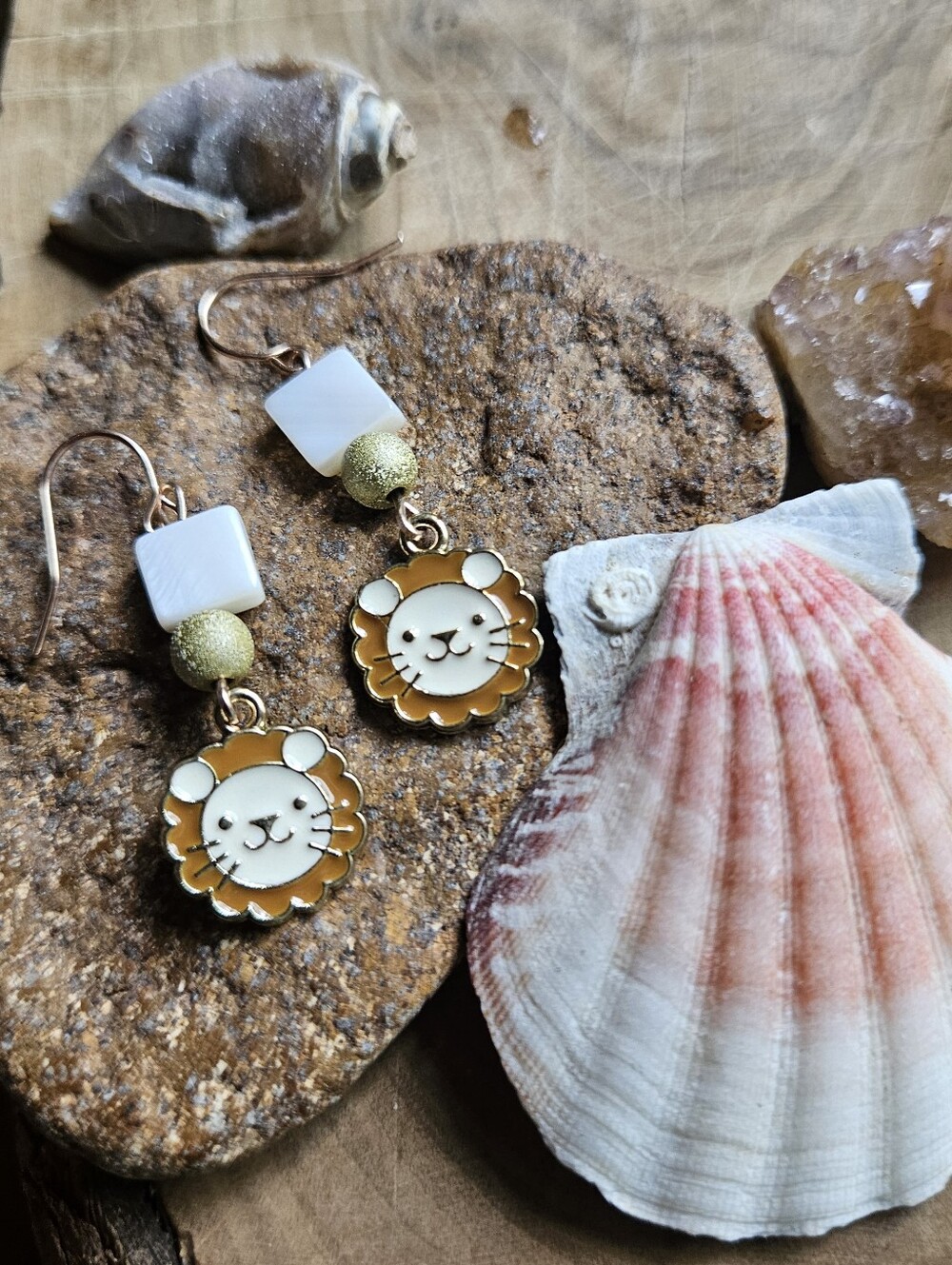 Handmade Mother of Pearl Bead & Kawaii Cute Lion Charm Rose Gold Hooks Earrings